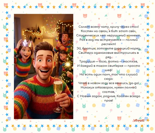 Друзья, с Новым Годом — Веселое поздравление на Новый год друзьям с упоминанием общих традиций