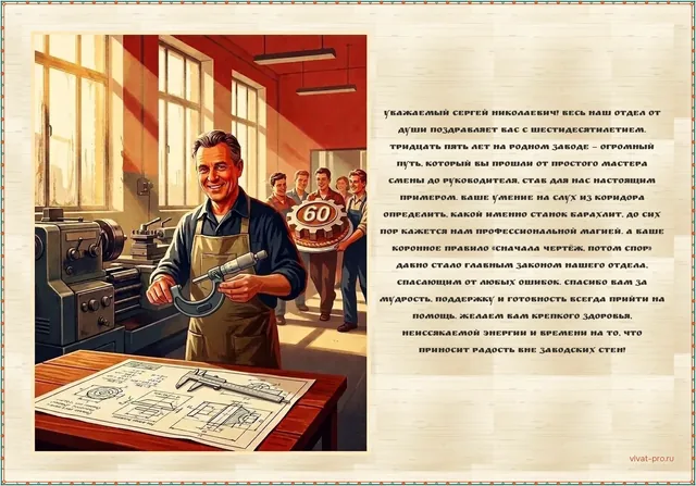 Открытка · Стиль «Ретро-плакат» — Поздравление начальнику с юбилеем от отдела: на заводе 35 лет, начинал мастером смены;
узнаёт неисправный станок по звуку из коридора;
любимая фраза — «Сначала чертёж, потом спор».