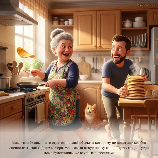 День Матери · Открытка · 3D мультфильм — По воскресеньям печёт блины и обзванивает всех, кто не приехал; сына, которому сорок, зовёт «маленький».