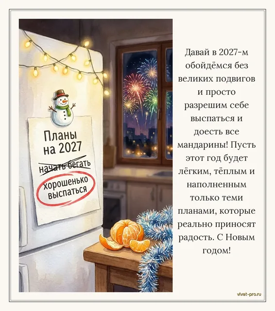 Новый год · Открытка · Стиль «Акварель» — Что написать в новогодней открытке на 2027 год: уже несколько раз пытался начать бегать; постоянно не высыпается.