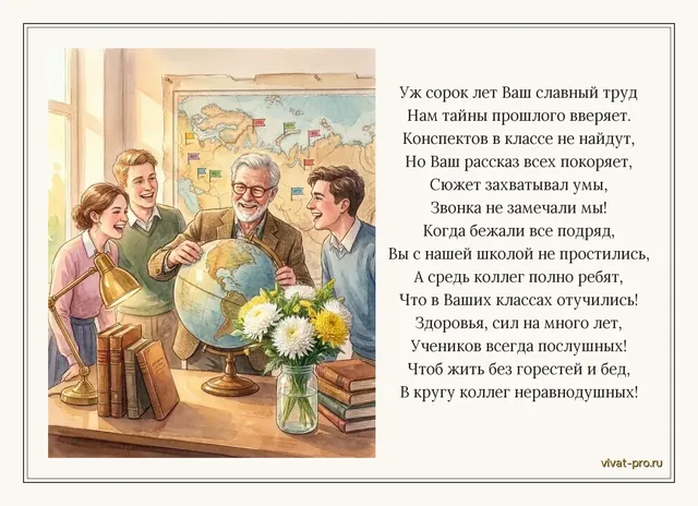 С Днем Учителя! · Стиль "Акварель" — Открытка учителю истории на День учителя. 40 лет в школе; урок рассказывает так, что никто не слашит звонка; в девяностые из школы не ушёл, хотя уходили почти все; среди коллег много тех, кто у него учился.