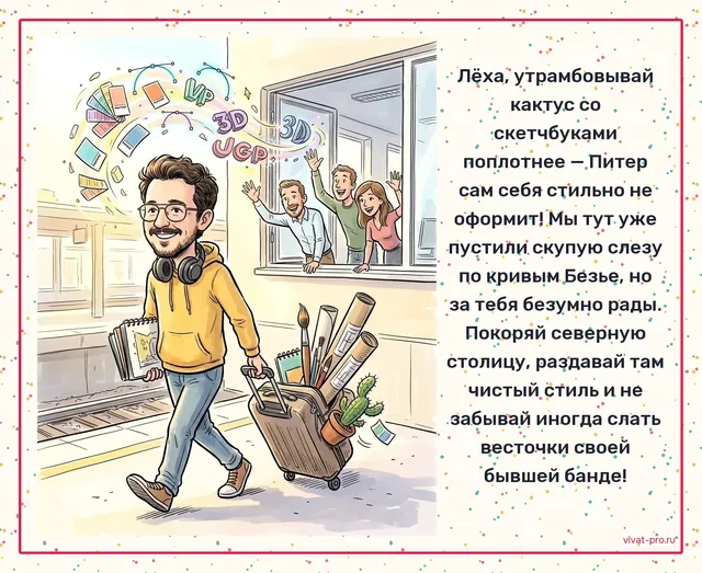 Открытка с фото · Стиль «Шарж» — Открытка коллеге на прощание от команды: три года рисовал все презентации компании;
за одну ночь переделал макет, который клиент отверг накануне запуска;
оставляет нам в наследство библиотеку из двухсот шрифтов;
на любую правку отвечал «Ещё одну итерацию — и будет огонь».