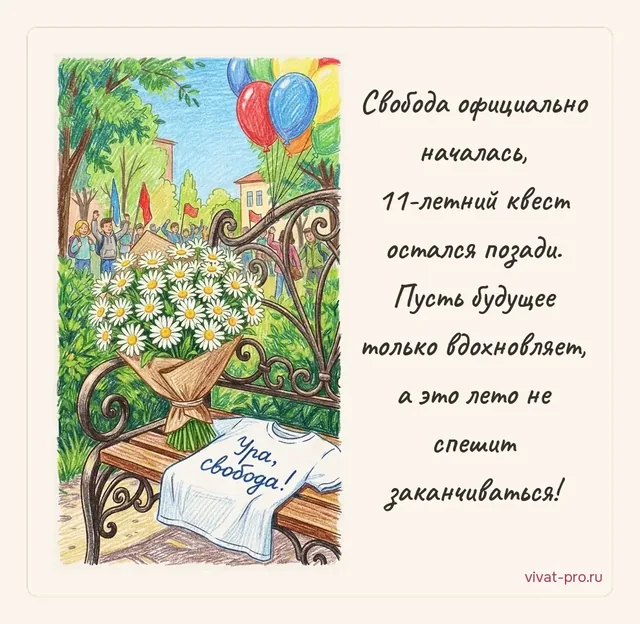 С выпускным! — Универсальная открытка на выпускной про окончание школьного квеста