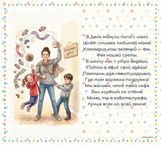 День Матери · Стих · Стиль "Детский" — Шутливая открытка на День матери  жене с упоминанием детских сборов и ежедневного хаоса в доме.