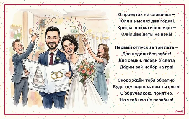 Образец открытки — Шутливая открытка на свадьбу коллеге-инженеру с ироничным упоминанием его помолвки на крыше в один день с днем рождения и подарочного набора от отдела
