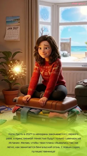 Новый год · Открытка с фото · Стиль «3D-мультфильм» — Сделать новогоднюю открытку:  в 2027-м собирается в Барселону, готовится, учит испанский.