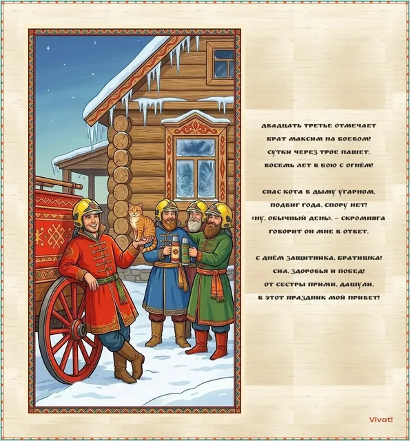 Поздравление брату · стиль "Былина" — Былинная открытка на 23 Февраля брату-пожарному