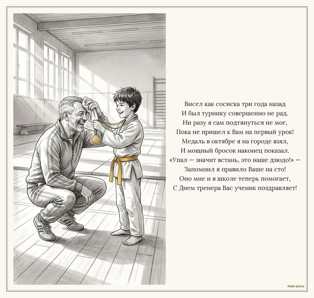 День тренера · Открытка · Карандашный скетч — Открытка  с фото тренеру от ученика: три года назад не мог подтянуться ни разу, в октябре взял первую медаль на городских; его «упал — встал, это и есть дзюдо» работает и вне зала