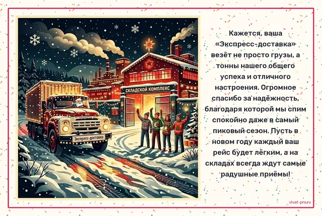 Новый год · Открытка · Стиль «Ретро-плакат» — Что написать партнёрам в новогодней открытке: за 2026-й провели больше трёхсот поставок, и в декабрьский пик ни одна не сорвалась; пусть 2027-й будет таким же надёжным — и чуть менее срочным