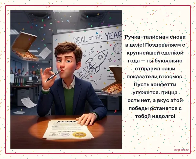 Открытка · Стиль «3D-мультфильм» — Поздравление сотруднику с успехом от руководителя: полгода вёл клиента, которого все считали безнадёжным;
на переговоры берёт одну и ту же ручку-талисман;
после подписания договора заказал пиццу на весь этаж.